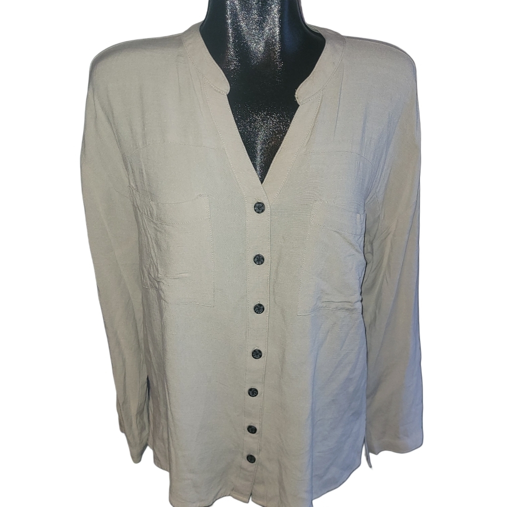 My Style Beige Button Front Linen Blend Shirt L